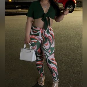 Green tie front Crop top & Leggins Set